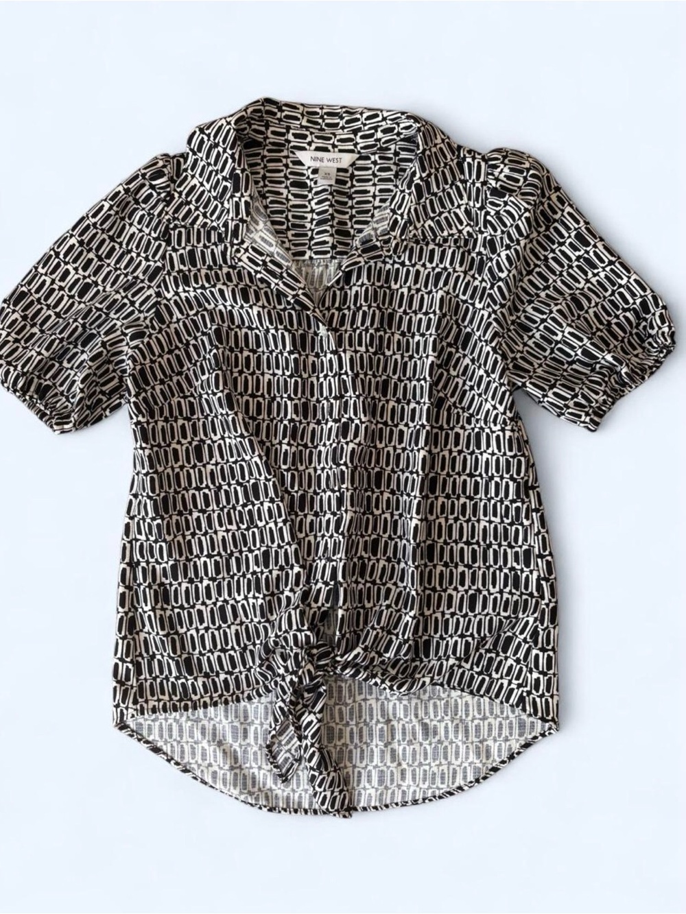 Nine West Black and White Geometric Tie-Front Top